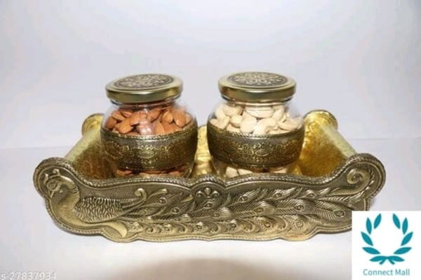 VNS Tray and Jar Peacock Tray wooden 2. Glass Jar,Gold) -